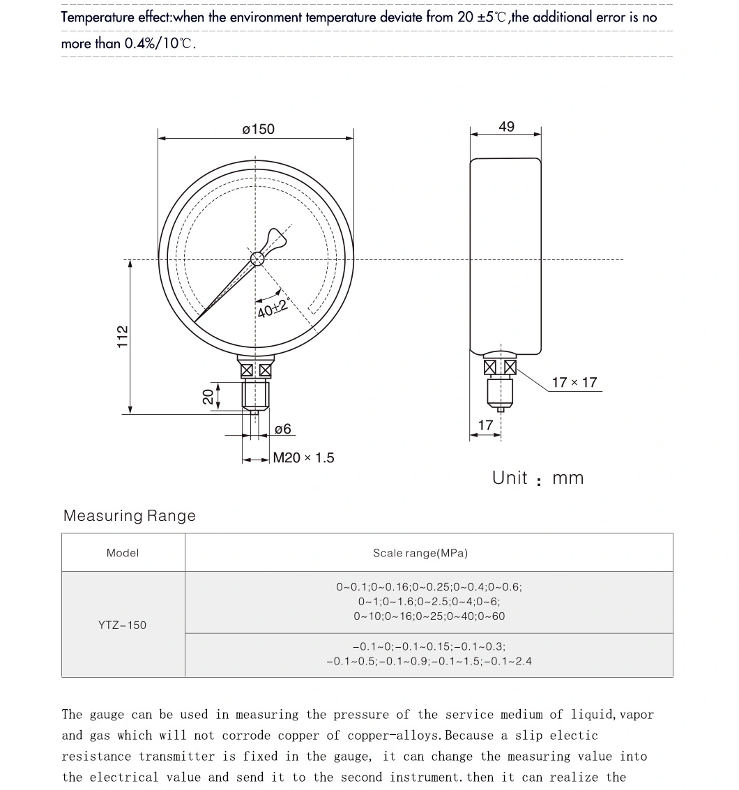 Hongqi 150mm 6" Oil Filled Pressure Gauge - Air/Water/Gas Electric Remote Resistance Controller